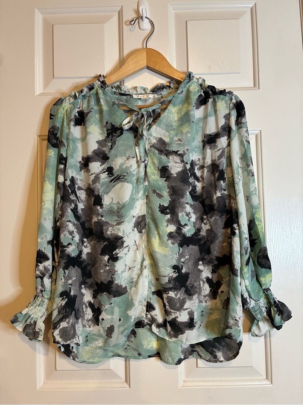 cooper & ella Mint, Black & White Abstract Tie-Neck Blouse